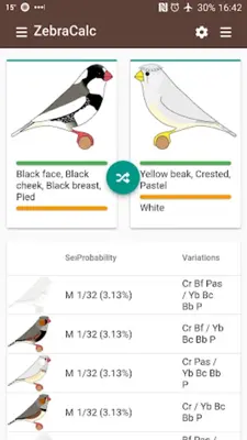 ZebraCalc Zebra Finch Variations android App screenshot 2